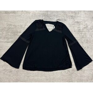 Hippie Rose Top Women Medium Black Bell Sleeve Crochet Lace Cutout Boho H7F0219M